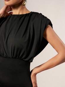 Hauture Đầm ngắn hở vai gợi cảm, thường ngày, nhún bèo, có đệm vai và xẻ tà phía trước dành cho nữ - màu đen - Xem 5