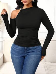 SHEIN Lady Women's Fashionable Off-Shoulder Solid Color T-Shirt, Suitable For Commuting, Autumn Black Tops Women Long Sleeve Tops One Shoulder Top Fitted Tops Women Sexy Black Tops - Black - View 5
