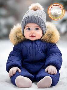 SHEIN 男婴/女婴厚保暖内衬纹理面料连帽拉链连体衣，适合雪地玩耍、室内外、秋冬季 - 藏蓝色 - 查看 1