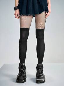 ROMWE Kawaii 1 Pair Simple Versatile Bow Decor Pantyhose + 1 Pair Versatile Multi-Layered Lace Ruffle Bow Knee High Socks, Suitable For Daily, Balls, Parties, Tight-Fitting Stockings - Black - View 2