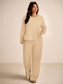 Elaquor 大码女式纯色简约长袖上衣和裤子两件套 - 杏色 - 查看 4