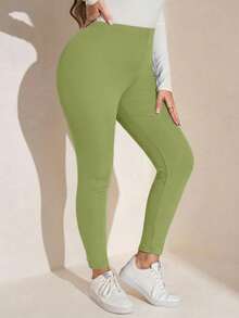 SHEIN LUNE Plus Size Women Solid Color Elastic Waist Casual Thermal Lined Leggings Knit Pants Green Pants For Women Lime Green Pants Green Clothes Green Leggings Women - Olive Green - View 6
