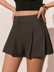 Poéselle Quần short nữ màu trơn cạp cao xếp ly, kiểu dáng thường ngày/công sở, quần short nữ thanh lịch, quần short đi biển, quần short thanh lịch mùa xuân/hè. - màu nâu - Xem 3