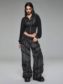 ROMWE Grunge Punk Spring Casual Y2K Punk Rivet Decor Distressed Vintage Washed Wide Leg Low Waist Jeans - Black - View 4