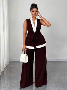 Maweii Conjunto de 2 piezas sin mangas en blanco y negro con patchwork, elegante para ir al trabajo, talla grande - Burdeos - Ver 2