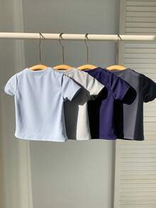 SHEIN 4pcs/Set Unisex Baby Basic Solid Color Crew Neck Short Sleeve T-Shirt Knit Tops Set, Comfortable Casual Versatile Suitable For Spring/Summer Indoor Daily And Outdoor Activities