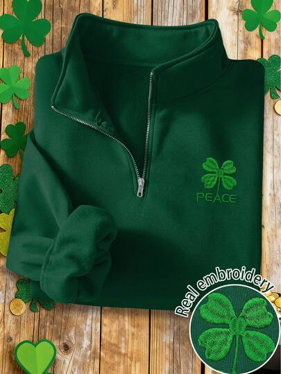 EMERY ROSE 女士卫衣，四叶草刺绣图案，圣帕特里克节礼物字母卫衣 - 1/4 拉链刺绣印花，2026 秋冬女士休闲长袖上衣（适合假日穿着），秋季女装，返校季服装，毕业季服装，教师服装，返校季套头衫秋季套装