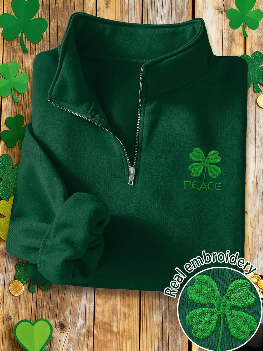 EMERY ROSE Women's Sweatshirt,St. Patrick's Day Gift Letter Dark Green Four-Leaf Clover Embroidery Pattern 1/4 Zip Long-Sleeved Top,Autumn Casual Occasion Fall - Green - View 1