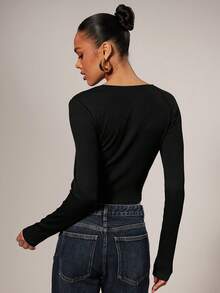 Hauture Women's Ribbed Hollow-Out Design Fashionable Versatile Long Sleeve Casual Top - Black - View 6