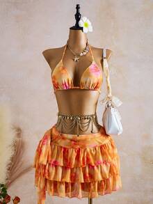Bellisia 3pcs Women Orange & Pink Floral Print Cake Style Swimsuit Set - Multicolor - View 1