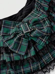 ROMWE J-Fashion Váy kẻ sọc cạp thấp phối ren nơ phong cách Harajuku Y2K cho nữ - Nhiều màu - Xem 3