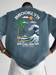 Claim Dot 男士休闲棕榈树热带字母印花短袖 T 恤，适合外出，男友礼物