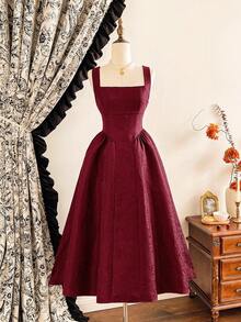 Vintamour فستان نسائي أنيق بتصميم كلاسيكي مع جيوب، فستان جاكار، فستان منتجع، فساتين أنيقة للحفلات، فساتين حفلات طويلة، فساتين حفلات نسائية، ملابس خريفية نسائية، أزياء الهالوين، ملابس شتوية، فستان شتوي للكريسماس، ملابس خريفية نسائية، ملابس الهالوين نسائية، ملابس الكريسماس نسائية، فستان حفلة الكريسماس، فساتين أنيقة للحفلات - عنابي اللون - مشاهدة 7