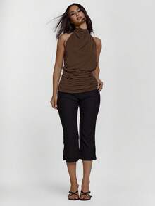 MUSERA Áo kiểu cổ cao xếp ly bất đối xứng hở lưng, gợi cảm, thích hợp đi chơi đêm, phong cách đường phố thanh lịch, lễ tình nhân, mùa xuân hè, ngày lễ. - Màu nâu Sô-cô-la - Xem 3