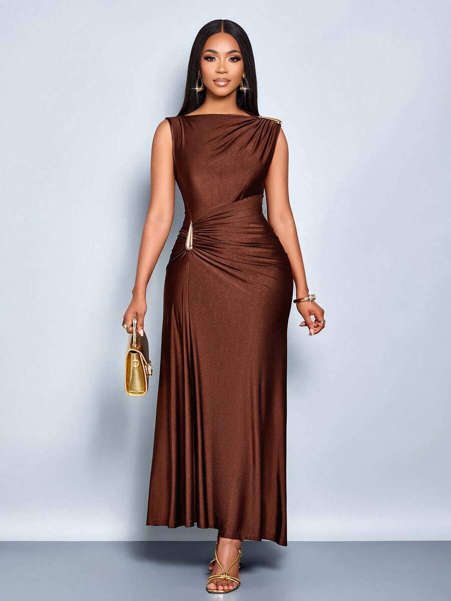 SOLERSUN Vestido elegante de mujer con decoración de metal de unicolor, ajuste delgado, adecuado para el uso diario, compras, fiestas y reuniones - Café - Ver 1