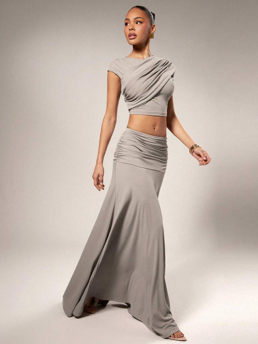 Hauture Women's Office Going Out 2 Pieces Set With Ruched Cropped Top And Low Waist Maxi Skirt - Dusty Purple - View 1