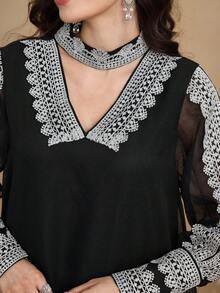 SHEIN Najma Elegant Floral Lace Trim Sleeve Split Hem Women Dress Kaftan Jalabiya Dress - Black - View 5