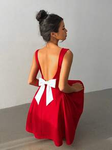 Aloruh 女士露背蝴蝶结装饰方领无袖性感时尚迷你连衣裙 - 紅色 - 查看 6