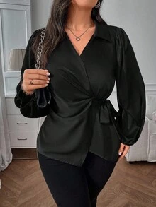 Easura Plus Size Glossy Fabric Blouse With Side Bow And Puff Sleeves, Fashionable And Versatile - Black - View 4