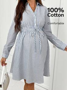 SHEIN Striped Long-Sleeved Casual Everyday Dress For Pregnant Women; Maternity Wear; Blue And White Striped Cotton Dress; Maternity Dress  Winter Dress Women  Winter Clothing Cotton Dresses Women Shirt Dress Long Sleeve Summer Dresses Blue And White Striped Dress Casual Dress - Blue and White - View 1