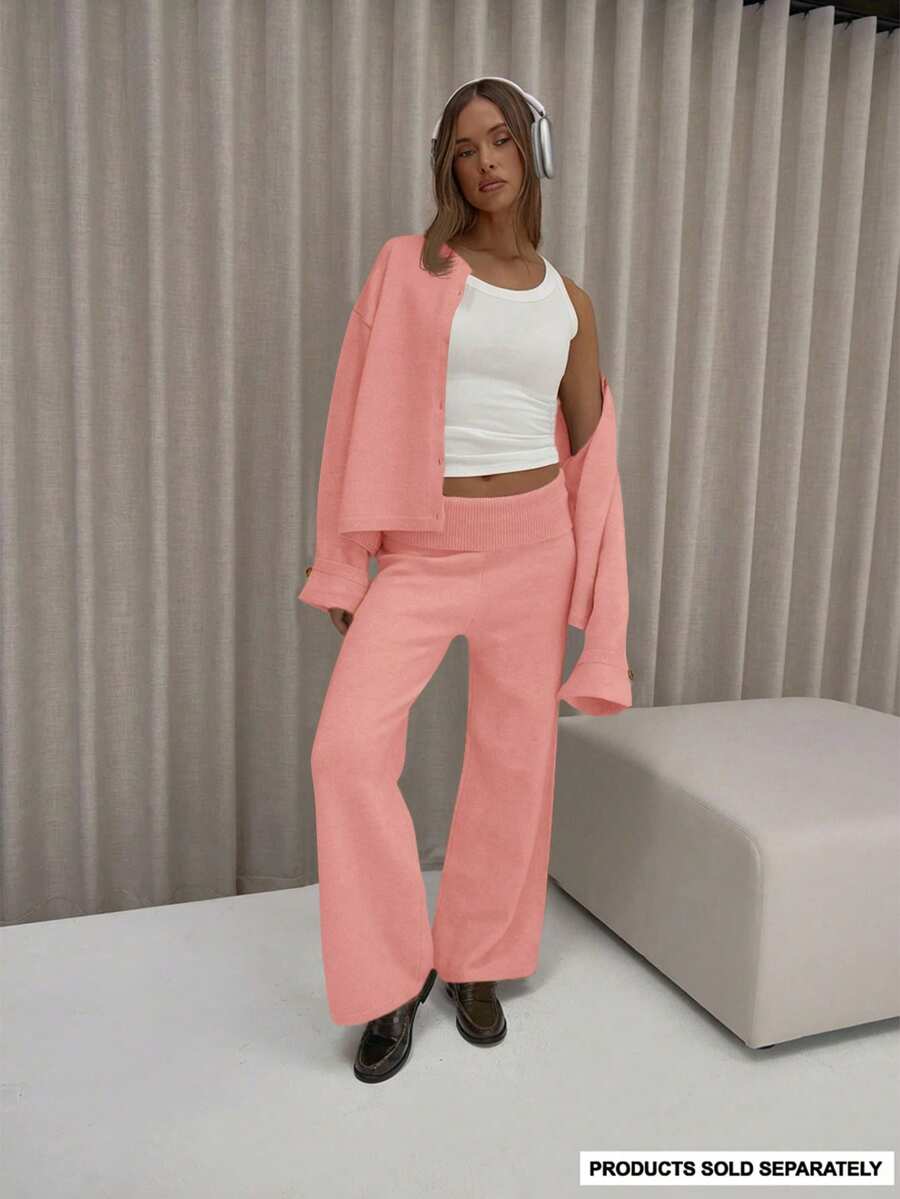 MUSERA Fold Over Waistband Wide Leg Knit Trousers Only Classy Cute Sexy Streetwear Fall Autumn Night Out Evening Party Elegant Winter    Sweatpants Pants - Pink - View 1