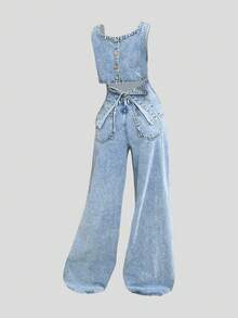 Sweetra Women's Fashionable Casual Denim Outfit - Blue - View 1