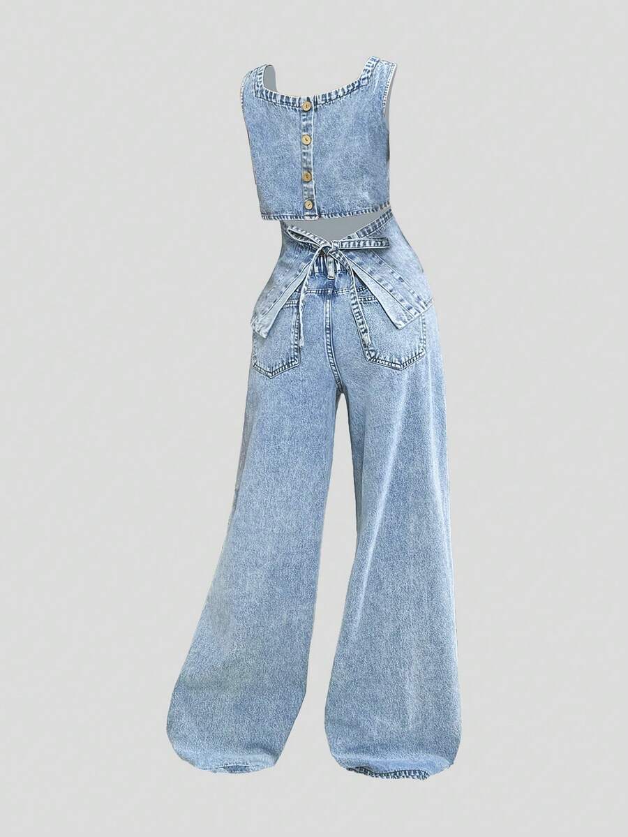 Sweetra Women's Fashionable Casual Denim Outfit - Blue - View 1