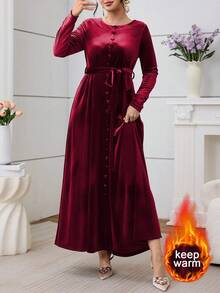 SHEIN Najma 女士阿拉伯风格连衣裙，前扣系带腰身长袖喇叭下摆 - 酒紅色 - 查看 6