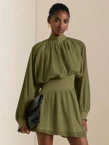 SHEIN Veneréa Autumn New Ruffled Hem Printed Long Sleeve Waist Cinched Mini Dress