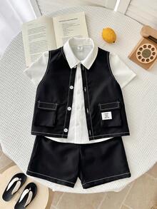 3pcs/Set Young Boy Korean Style Casual Collared Short Sleeve Shirt, Contrast Stitching Loose Vest, And Elastic Waist Shorts Set, Suitable For Commuting, School, Daily Leisure - Black and White - View 8