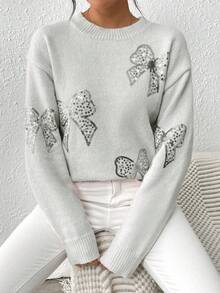 EMERY ROSE Women's Casual Butterfly Sequin Embroidered Drop Shoulder Long Sleeve Pullover Sweater, Autumn/Winter