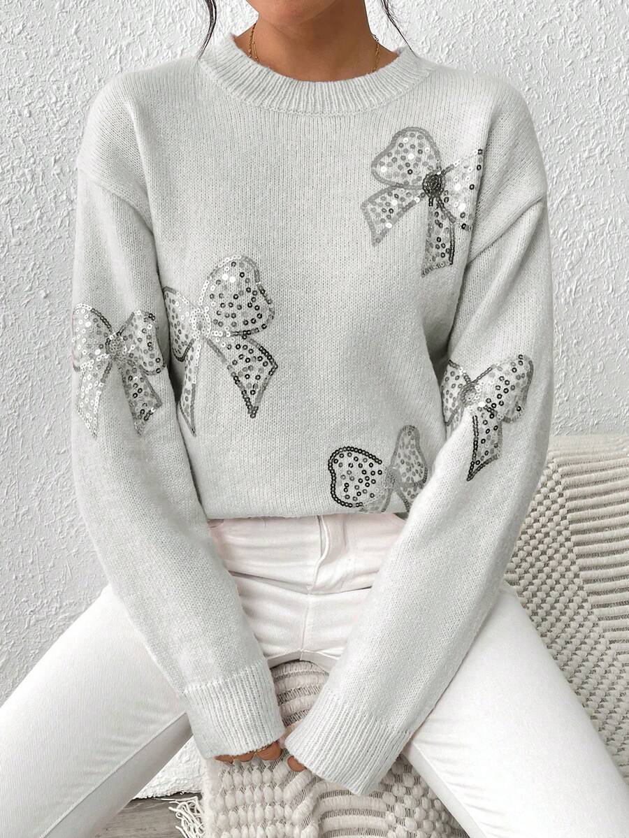 EMERY ROSE Women's Casual Butterfly Sequin Embroidered Drop Shoulder Long Sleeve Pullover Sweater, Autumn/Winter - Light Grey - View 1