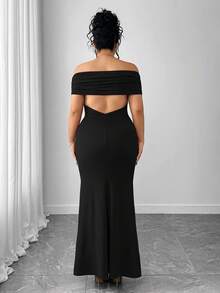 Elenzga 大码女士优雅纯色露肩露背修身连衣裙 - 黑色 - 查看 2