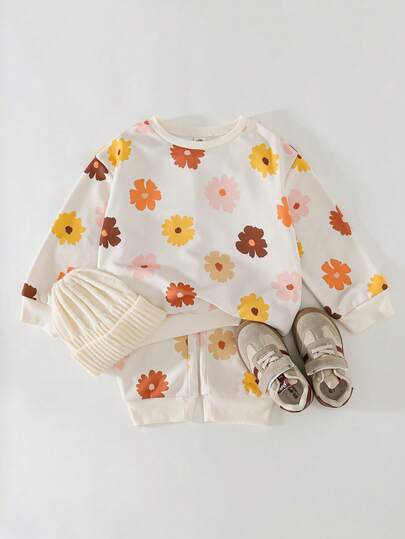 THE HAPPY LOOK 2pcs/Set Young Girl Floral Print Knit Soft Crew Neck Long Sleeve Sweatshirt And Elastic Waist Pants Girl Fall Sets Girl S Autumn Clothes Fall Kid Clothes