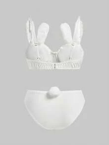 ROMWE Kawaii Cute Bunny Embroidery Plush Lace Bow Wireless Bra Set, For Valentine's Day - White - View 2
