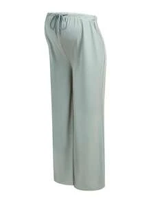 SHEIN 2 pezzi Set casual di maglietta a maniche corte con scollo quadrato e arricciature e pantaloni con vita con coulisse, colore tinta unita, per gravidanza - Verde - Visualizzare 9