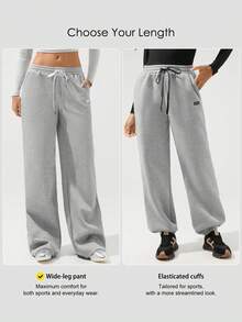 Menodora SHEIN Sport Women's Wide Leg Sporty Sweatpants, Soft Stretchy Fleece Fabric, Adjustable Printed Drawstring Waist, Deep Side Pockets, Relaxed Fit For Casual Comfort And Easy Movement - Grey - View 4
