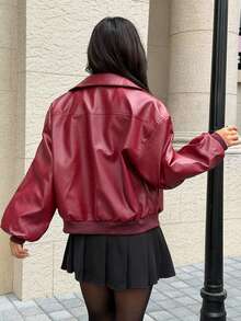 SHEIN EZwear 秋冬季红色PU皮落肩长袖拉链夹克