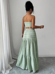 Elenzga 女士绿色针织提花面料扭结前襟露脐上衣和宽松半裙套装，优雅时尚，适合生日、约会、派对、正式场合、鸡尾酒会、音乐节、情人节、复活节、劳动节、返校派对、光棍节、春季等场合。 - 綠色 - 查看 2