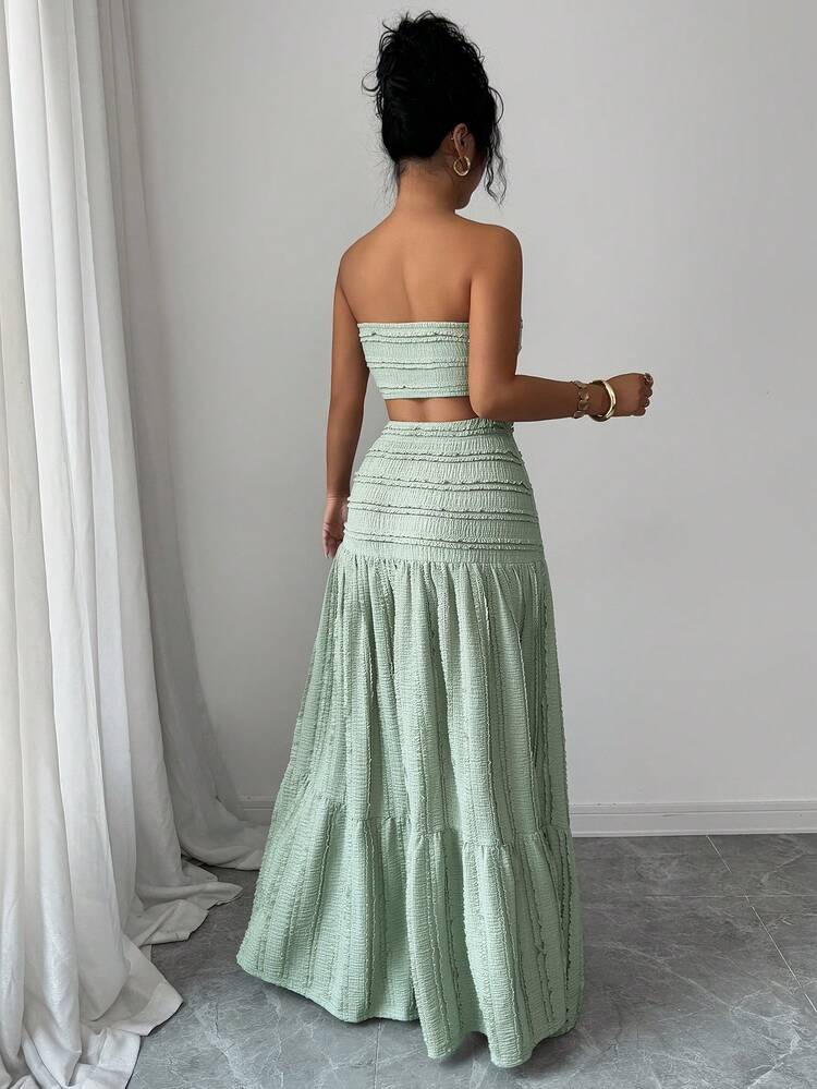 Elenzga Conjunto de top corto y falda holgada de tela jacquard de punto verde para mujer, elegante y con estilo, adecuado para cumpleaños, citas, fiestas, ocasiones formales, cócteles, festivales de música, San Valentín, Pascua, Día del Trabajo, fiesta de vuelta al colegio, Día del Soltero, temporada de primavera - Verde - Añade 2