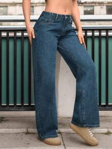 Pantalones vaqueros de pierna ancha de unicolor, de bolsillo, informales y versátiles - Jeans rectos 2014 - Ver 5