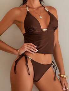 Swim Chiccia 2pcs/Set Spring Break Summer New Solid Color Spaghetti Strap Sexy Elegant Vacation Camisole & Bikini Set With Beaded Accessories, Suitable For Beach, Pool Party - Coffee Brown - View 5