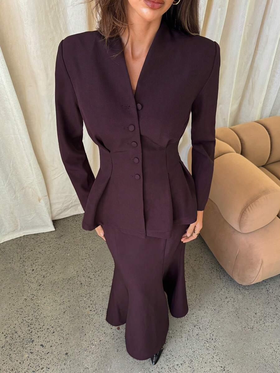 Aloruh 女士酒红色褶皱腰身长袖西装外套和铅笔裙套装，两件套 - 酒紅色 - 查看 1