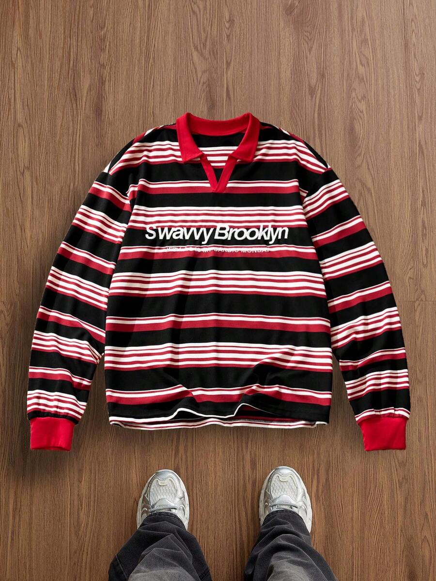 SWAVVY Áo Polo dài tay nam kẻ sọc và in chữ, áo sơ mi rugby, áo dài tay Sumwon, quần áo streetwear, áo sơ mi nam streetwear Sumwon, áo sơ mi dài tay kẻ sọc ngày Valentine, áo sơ mi streetwear Pima dành cho nam. - Đỏ - Xem 1