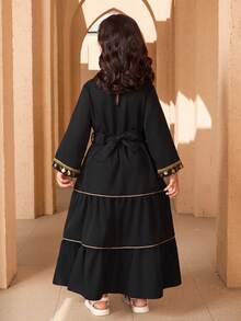 SHEIN Young Girl Stunning Girls' Dress, Black Base With Exquisite Colorful Printed Pattern, Decorated With Vintage Beaded Tassel At Neckline And Cuffs, Playful Bow Design At Waist For Elegant Look, Multi-Layer Skirt For Flowing And Dynamic Style, Providing Children With A High-End And Unique Vibe! Abaya Jalabiya Traditional Arabic Clothing - Black - View 2