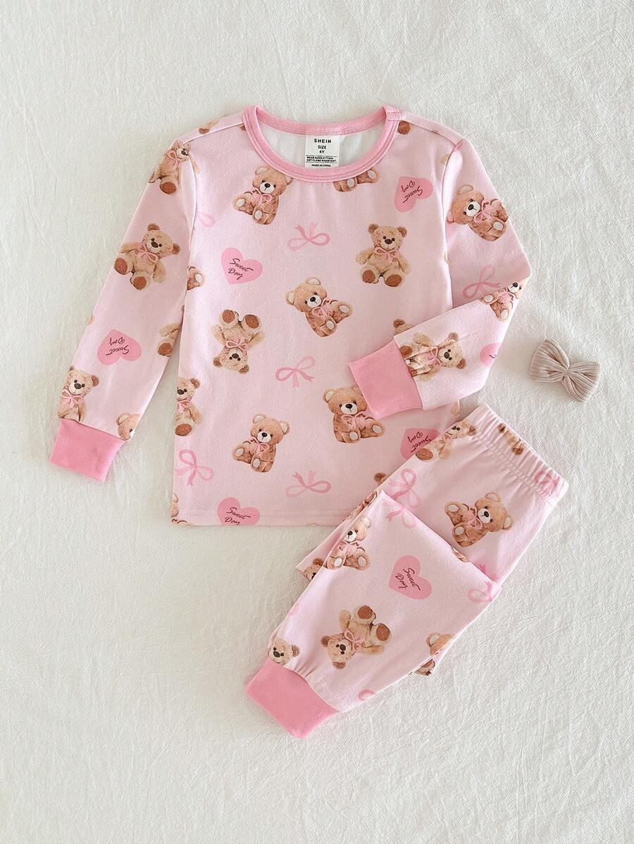THE HAPPY LOOK Young Girl Cartoon Bear Pattern Knit Soft Crew Neck Long Sleeve Top And Elastic Waist Long Pants Snug Fit 2-Piece Pajama Set Bow Pjs Kids Pj Set Girl Pink Pink Pajama Set Teddy Bear Pajama Set Bow Pajama Set - Multicolor - View 1