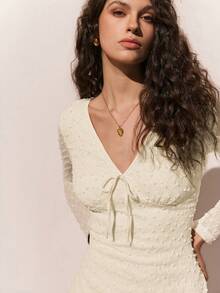 Poéselle 女士V领前系带长袖时尚迷你连衣裙 - 白色 - 查看 4