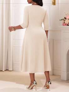 SHEIN Lady 大码女式优雅夏季冬季紫色针织圆领飘逸长袖连衣裙，适合化装舞会、舞会等场合，白色长袖连衣裙，情人节服装，情人节礼物 - 卡其色 - 查看 4