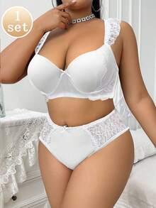 SHEIN 2pcs Plus Size Lace Patchwork Underwire Bra Set - White - View 8