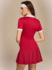 Hanevo Women's Casual Golf Skirt, Burgundy Polo Collar Pleated Button-Down Dress - Burgundy - View 2